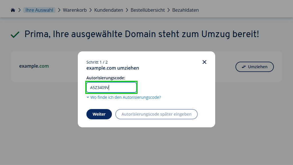 Dialogfenster zur Eingabe des Autorisierungscodes für den Domain-Umzug von example.com.