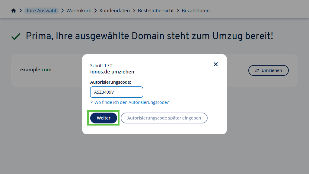 Dialogfenster zur Eingabe des Autorisierungscodes für den Umzug der Domain IONOS.de.