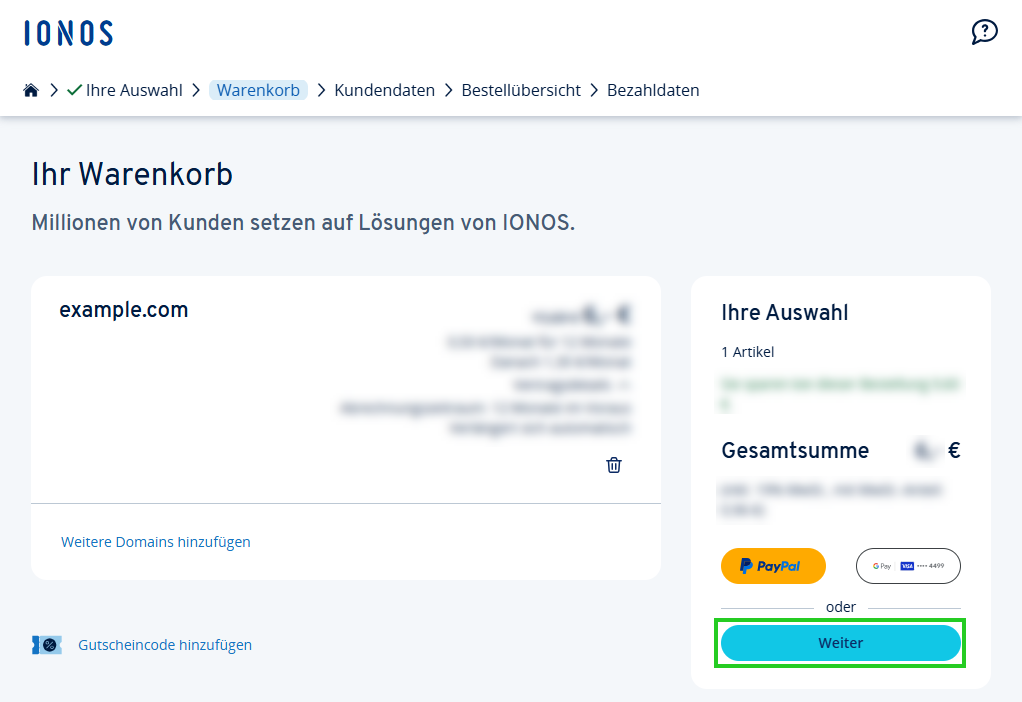 Warenkorb-Seite bei IONOS. Sie enthält die Domain example.com und einen Weiter-Button, um die Bestellung fortzusetzen.