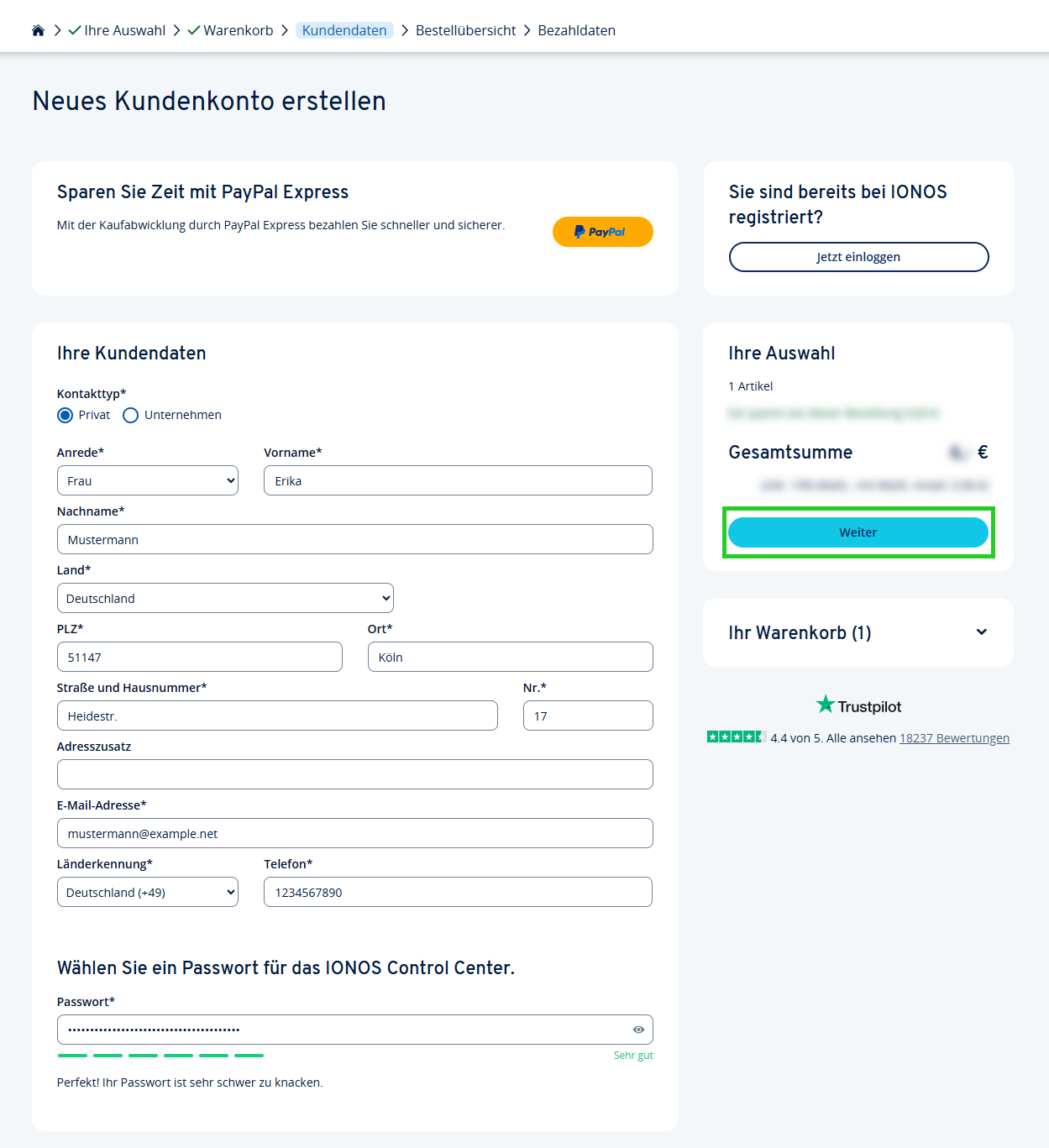 Formular zur Erstellung eines neuen Kundenkontos bei IONOS mit Feldern für Adresse, Kontaktinformationen und Passwort.