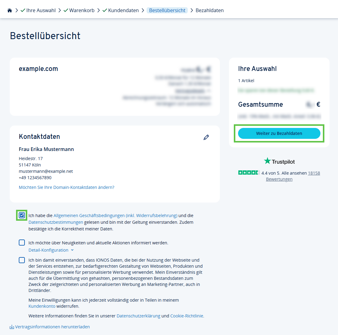 Zusammenfassung der Bestellung mit Kontaktdaten und der Checkbox zur Bestätigung der Allgemeinen Geschäftsbedingungen von IONOS.