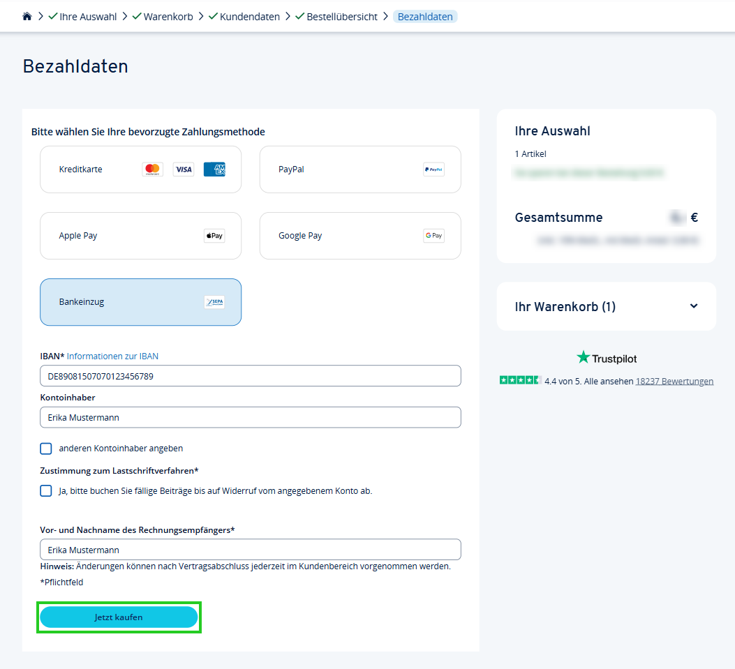 Auswahl der Zahlungsmethode, wobei Bankeinzug ausgewählt ist und die Eingabefelder für IBAN und Kontoinhaber anzeigt. Der finale Button lautet 'Jetzt kaufen'.