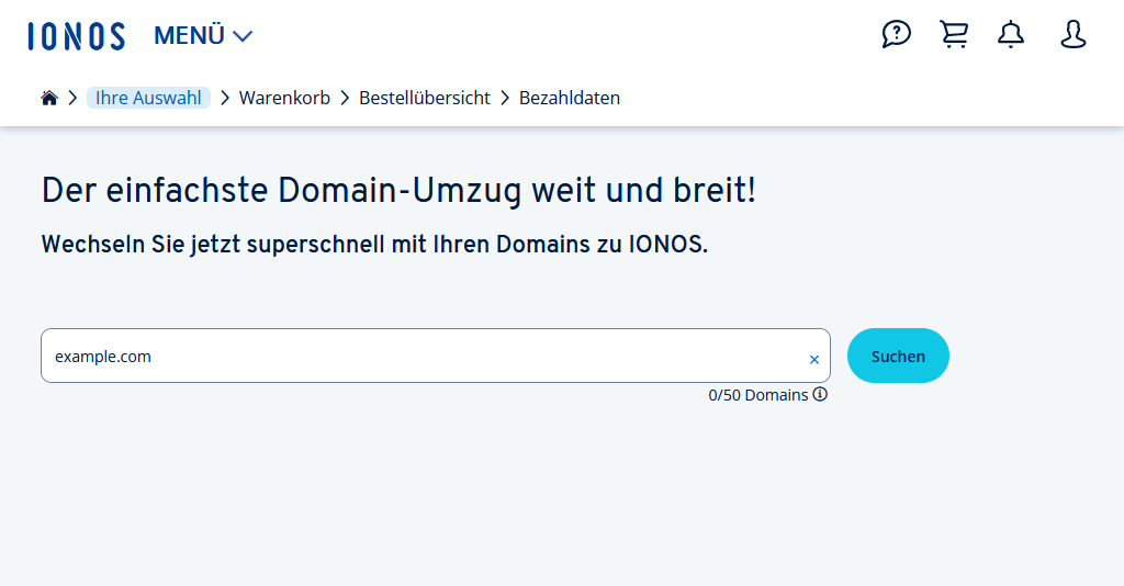Startseite für den Domain-Umzug zu IONOS mit einem Eingabefeld für den gewünschten Domainnamen.