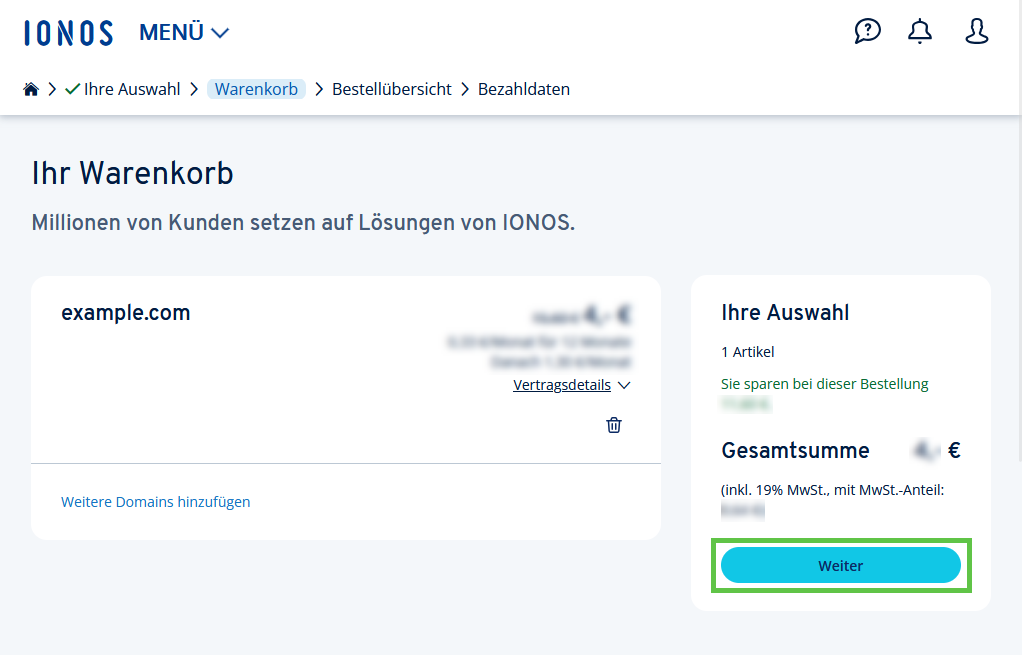 Der Warenkorb von IONOS, der den Domain-Umzug für example.com als Artikel enthält. Ein 'Weiter'-Button führt zum nächsten Schritt.