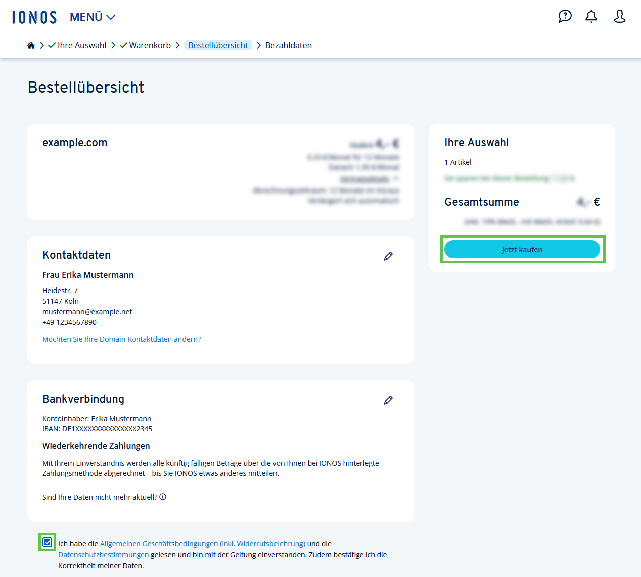 Bestellübersicht-Seite mit Zusammenfassung der Bestelldaten, der hinterlegten Kontakt- und Bankdaten und dem 'Jetzt kaufen'-Button.
