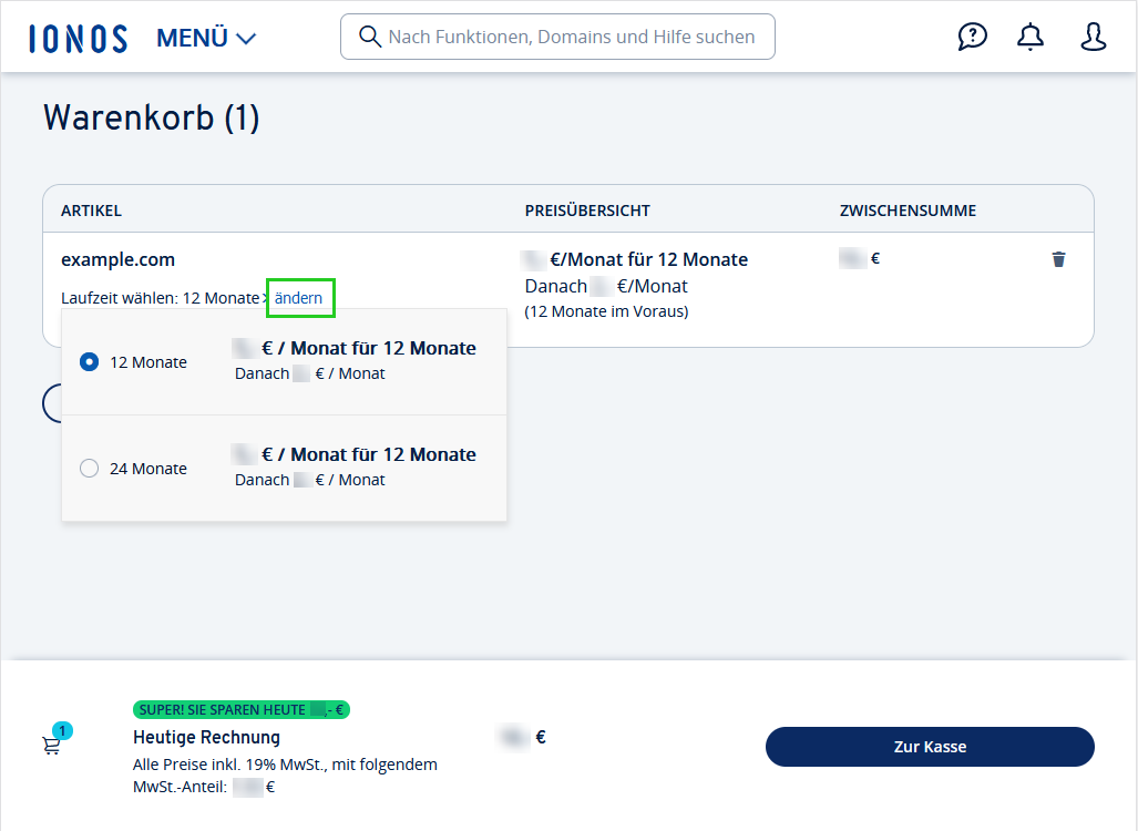 Auswahl des Domain-Verlängerungszeitraumes