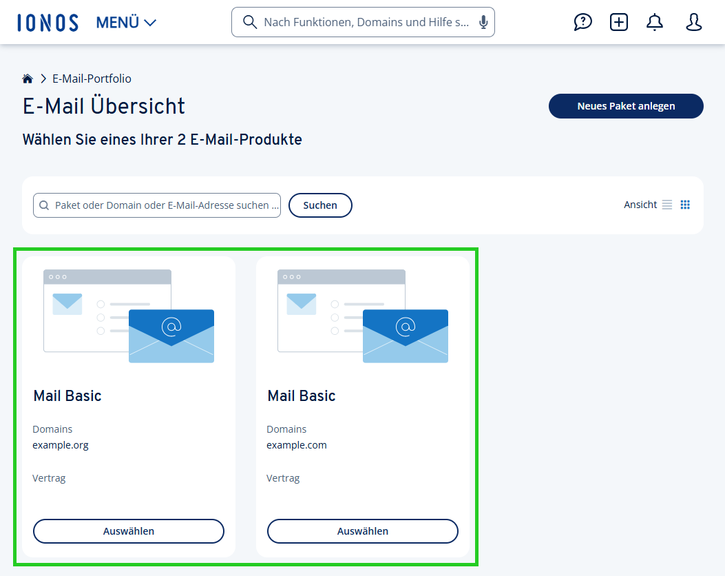 Screenshot des Bereichs E-Mail. In diesem Bereich sind zwei Kacheln mit zwei E-Mail-Verträgen hervorgehoben. In den Kacheln erscheinen die Schaltflächen Auswählen.