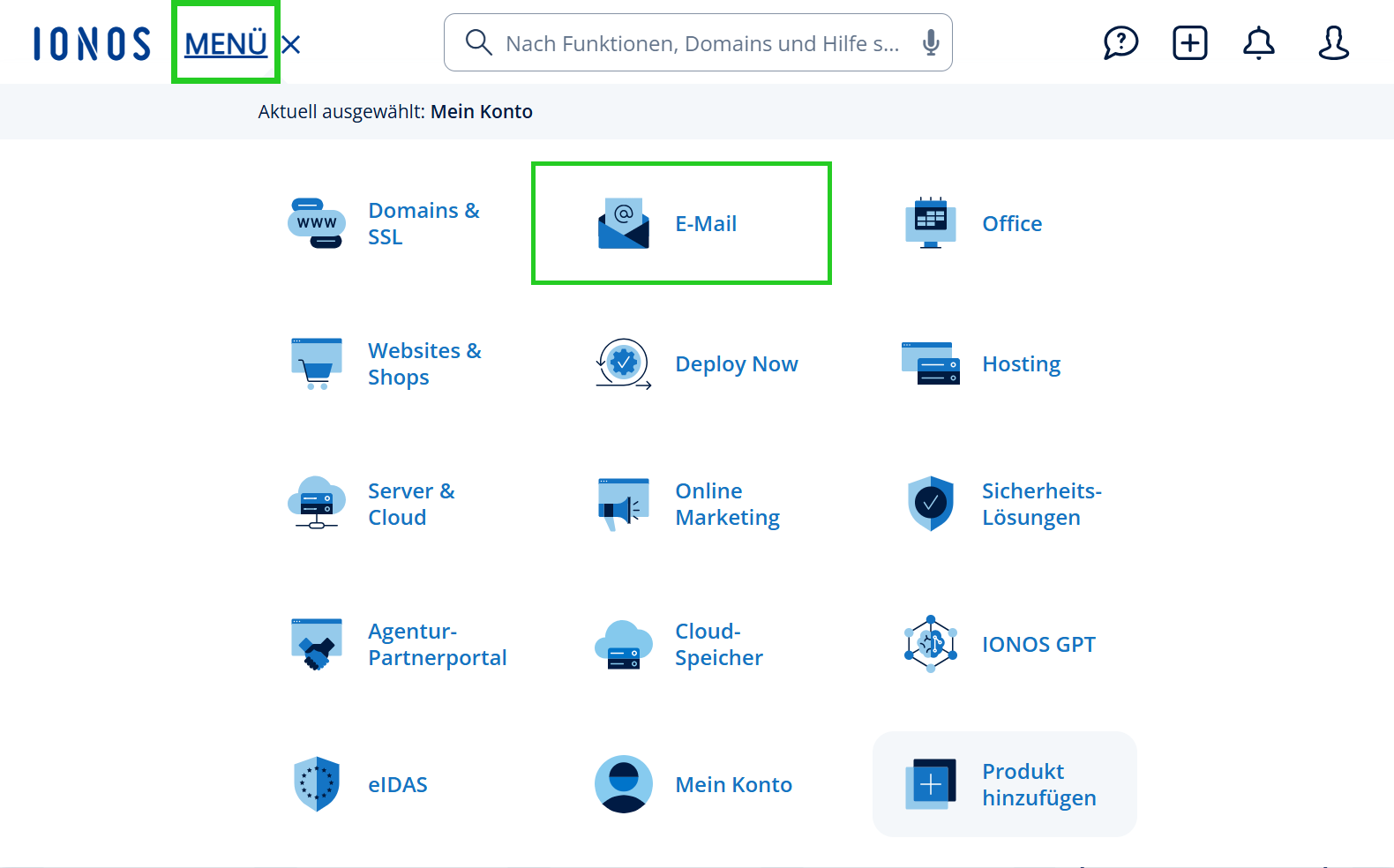 Screenshot des Menüs, das über Hauptnavigation geöffnet wird. In dem Screenshot ist die Schaltfläche E-Mail abgebildet.