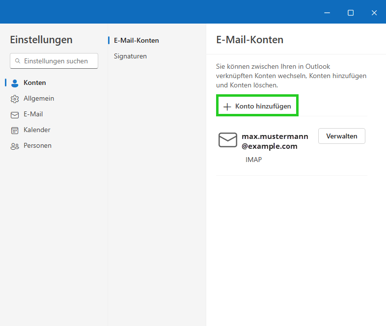 Screenshot: Im Bereich Einstellungen > Konten > E-Mail-Konten ist die Schaltfläche + Konto hinzufügen hervorgehoben.