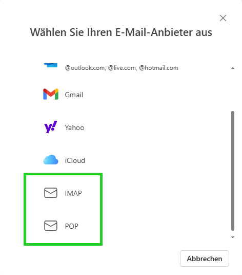 Screenshot: Das Fenster Wählen Sie Ihren E-Mail-Anbieter aus wird angezeigt. In diesem Fenster sind die Menüpunkte IMAP und POP hervorgehoben.