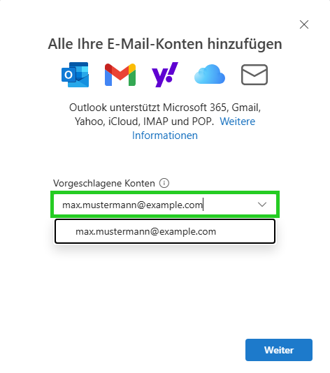 Screenshot: Das Fenster Alle Ihre E-Mail-Konten wird angezeigt. In diesem Fenster ist das Feld Vorgeschlagene Konten hervorgehoben.
