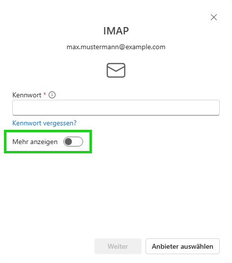 Screenshot: Das Fenster IMAP wird angezeigt. In diesem Fenster ist der Schieberegler im Bereich Mehr anzeigen hervorgehoben.