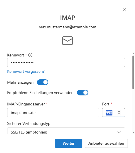 Screenshot: Das Fenster IMAP wird angezeigt. In diesem Fenster wird das Feld IMAP-Eingangsserver mit dem Eintrag imap.ionos.de angezeigt.