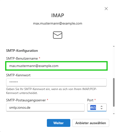 Screenshot: Das Fenster IMAP wird angezeigt. In diesem Fenster ist das Feld SMTP-Benutzername hervorgehoben.