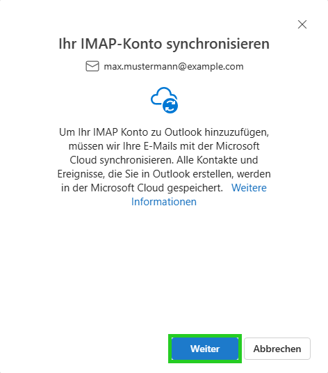 Screenshot: Das Fenster Ihr IMAP-Konto synchronisieren wird angezeigt. In diesem Fenster ist die Schaltfläche Weiter hervorgehoben.