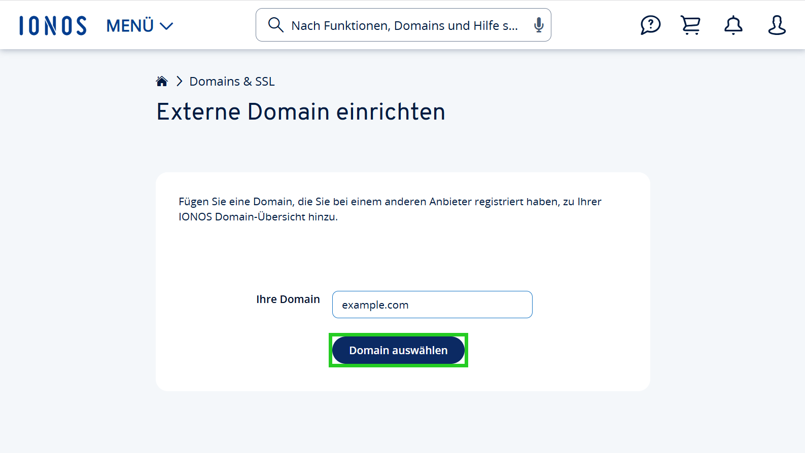 Screenshot: Die Seite Externe Domain einrichten wird angezeigt. In diesem Bereich ist die Schaltfläche Domain auswählen hervorgehoben.
