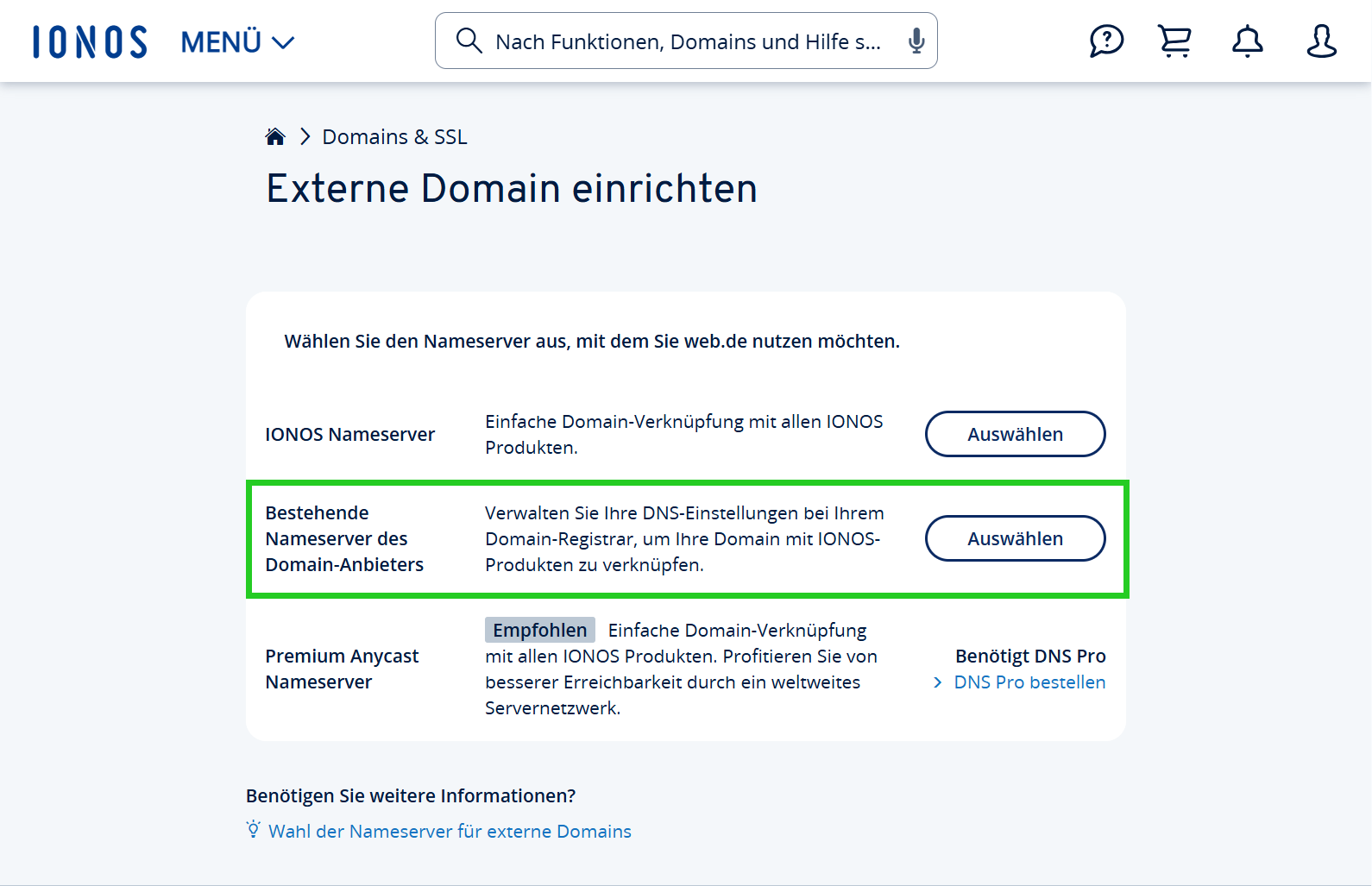 Screenshot: Die Seite Externe Domain einrichten wird angezeigt. In diesem Bereich ist die Option Bestehende Nameserver des Domain-Anbieters hervorgehoben.