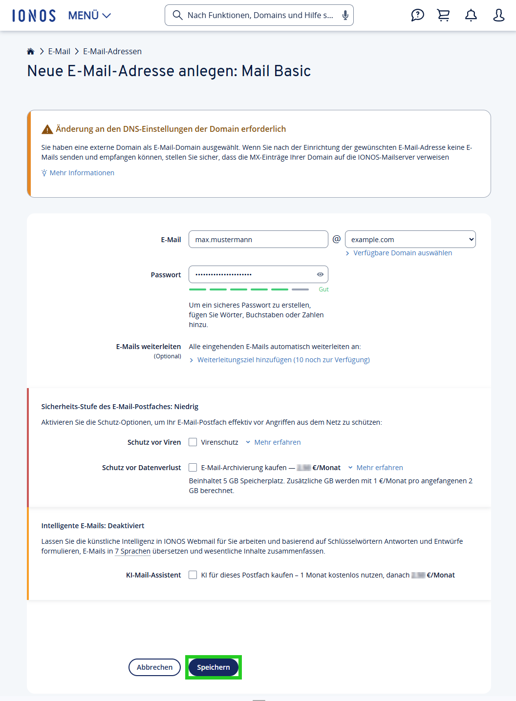 Screenshot: Die Seite Neue E-Mail-Adresse anlegen: Mail Basic wird im IONOS Konto angezeigt. In diesem Bereich ist die Schaltfläche Speichern hervorgehoben.