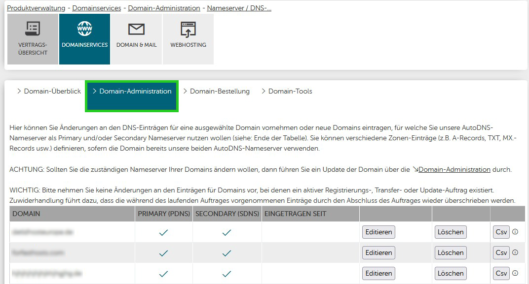 Screenshot: Der Bereich DOMAINSERVICES wird angezeigt. In diesem Bereich ist der Menüpunkt Domain-Administration hervorgehoben.