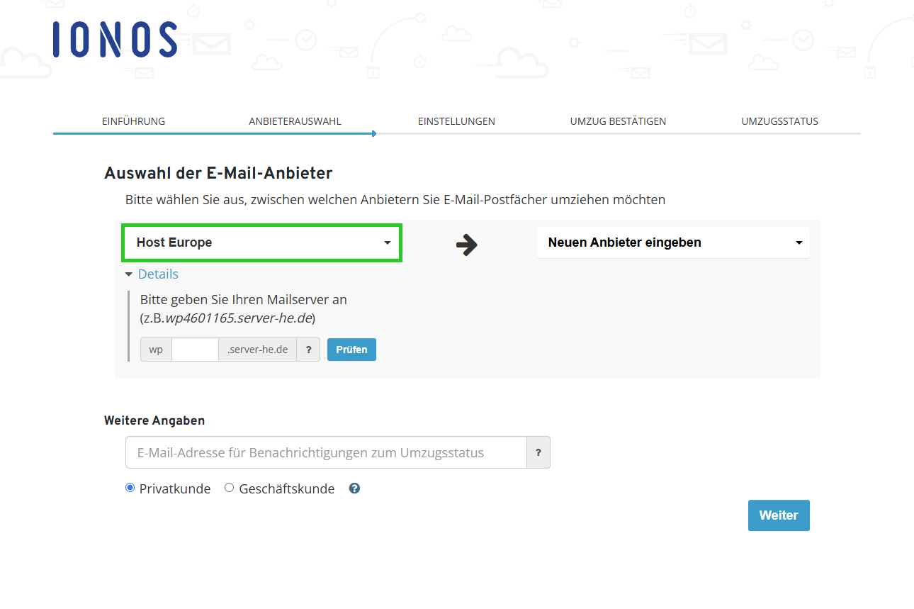 Screenshot: Die Seite Anbieterauswahl wird im IONOS E-Mail-Umzug powered by audriga angezeigt. Auf dieser Seite ist das Feld Bisherigen Anbieter eingeben ausgewählt.