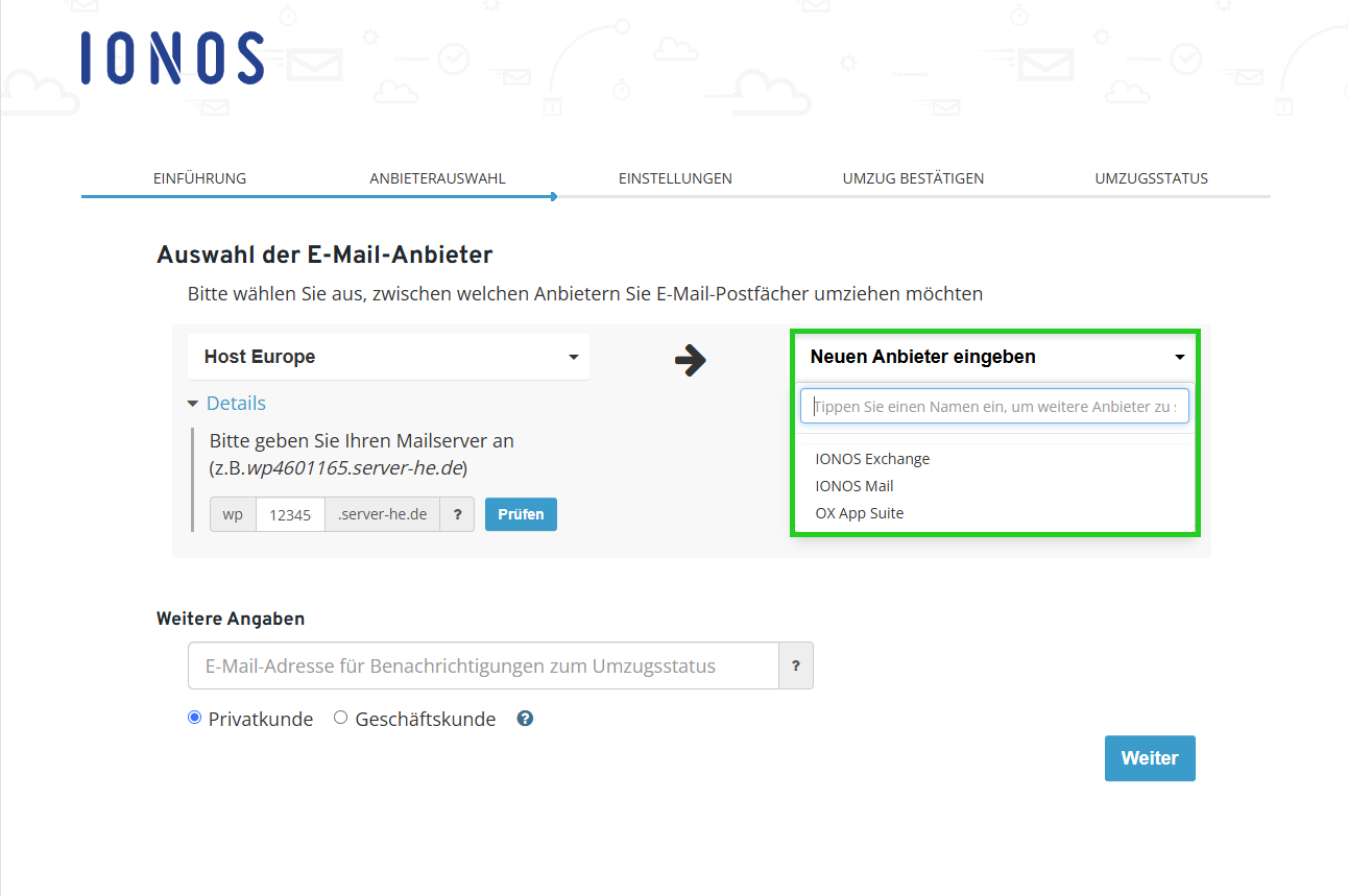 Screenshot: Die Seite Anbieterauswahl wird im IONOS E-Mail-Umzug powered by audriga angezeigt. Auf dieser Seite ist das Feld Neuen Anbieter eingeben ausgewählt.
