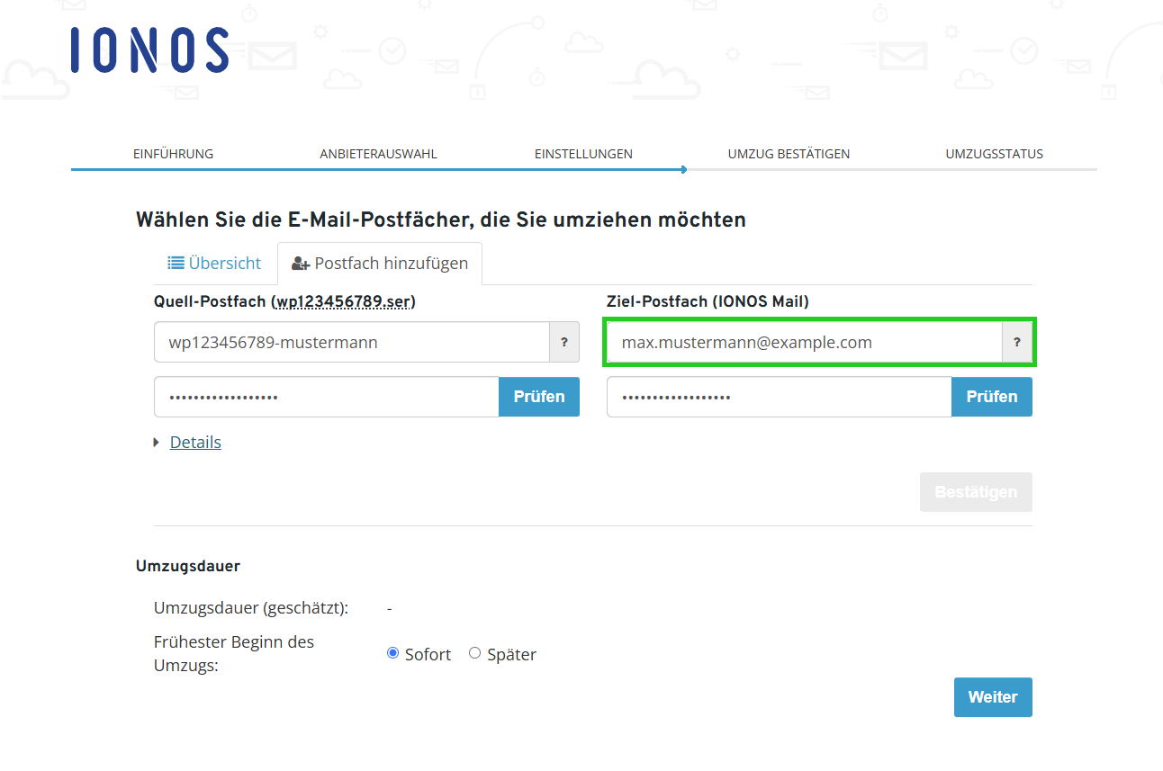 Screenshot: Die Seite Einstellungen wird im IONOS E-Mail-Umzug powered by audriga angezeigt. Auf dieser Seite ist das Feld Benutzername ausgewählt.