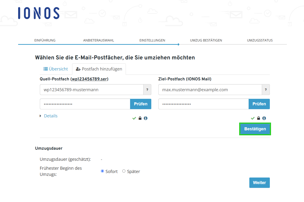 Screenshot: Die Seite Einstellungen wird im IONOS E-Mail-Umzug powered by audriga angezeigt. Auf dieser Seite ist die Schaltfläche Bestätigen ausgewählt.
