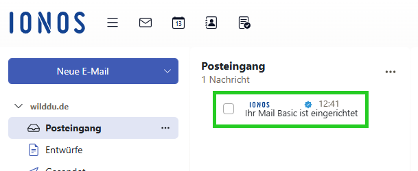 Posteingang von IONOS Webmail, der eine durch Haken und Logo verifizierte E-Mail von IONOS hervorhebt.