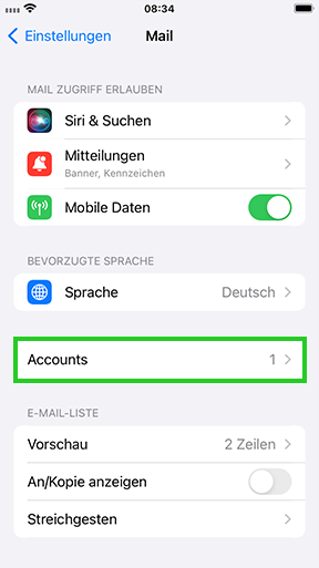 Screenshot: Der Screen Einstellungen wird angezeigt. In diesem Screen ist der Menüpunkt Mail hervorgehoben.
