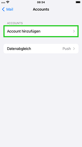Screenshot: Der Screen Accounts wird angezeigt. In diesem Screen ist der Menüpunkt Account hinzufügen hervorgehoben.