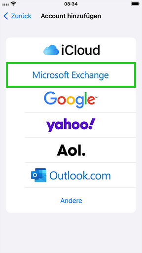 Screenshot: Der Screen Account hinzufügen wird angezeigt. In diesem Screen ist der Menüpunkt Microsoft-Exchange hervorgehoben.