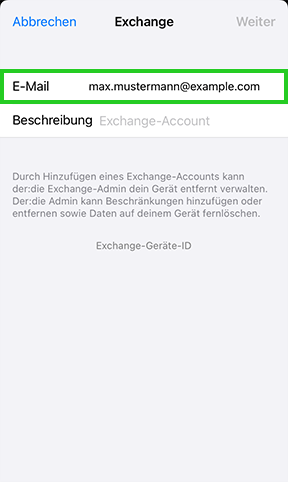 Screenshot: Der Screen Exchange wird angezeigt. In diesem Screen ist das Feld E-Mail hervorgehoben.