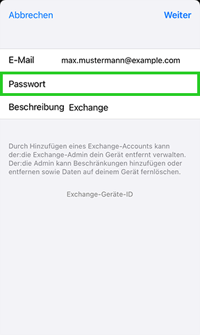 Screenshot: Ein Screen ohne Überschrift wird angezeigt. In diesem Screen ist das Feld Passwort hervorgehoben.