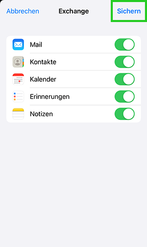 Screenshot: Der Screen Exchange wird angezeigt. In diesem Screen ist die Schaltfläche Sichern hervorgehoben.