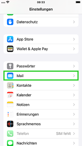 Screenshot: Der Screen Einstellungen wird angezeigt. In diesem Screen ist der Menüpunkt Mail hervorgehoben.