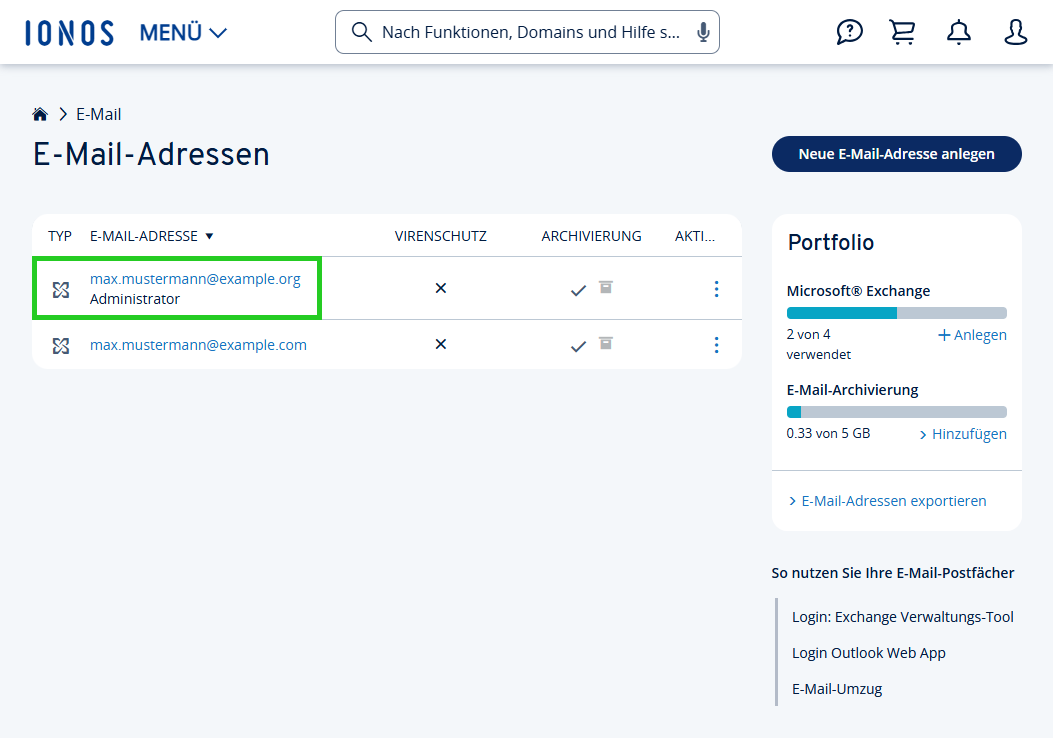 Screenshot der E-Mail-Übersicht im Bereich E-Mail > E-Mail-Adressen. Neben der gewünschten E-Mail-Adresse wird eine Liste angezeigt, in der der Menüpunkt Passwort ändern hervorgehoben ist.