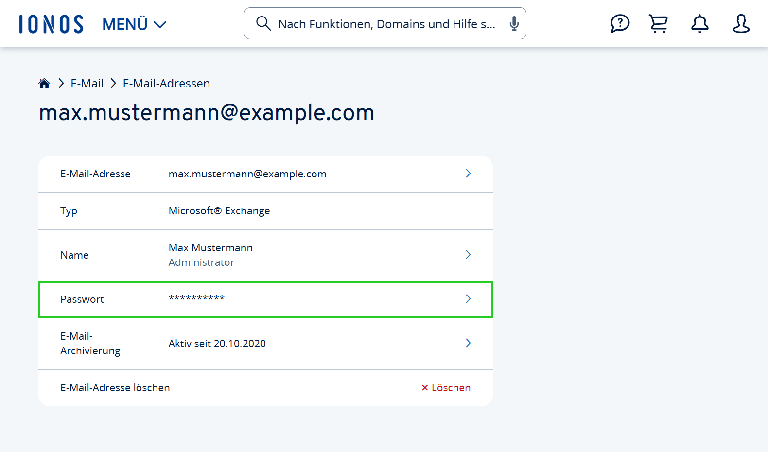 Screenshot der Seite mit den Details der gewünschten E-Mail-Adresse. Auf dieser Seite ist der Menüpunkt Password ändern hervorgehoben.