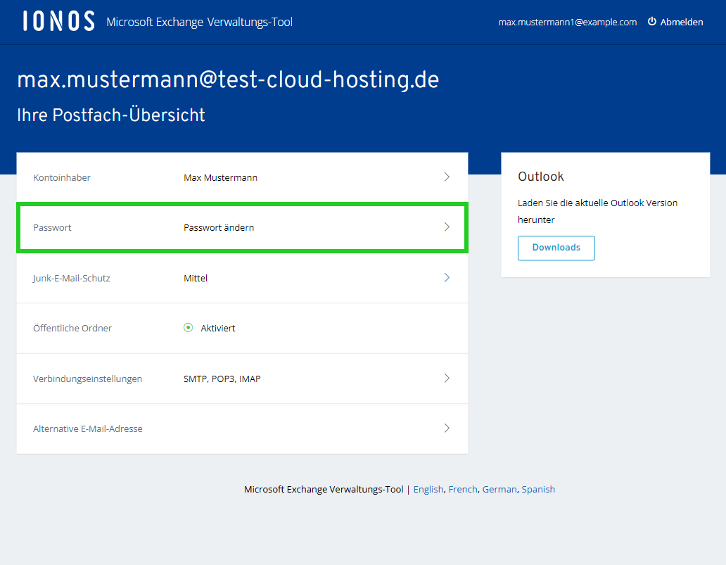 Screenshot der Seite Ihre Postfach-Übersicht. Auf dieser Seite ist der Menüpunkt Password ändern hervorgehoben.
