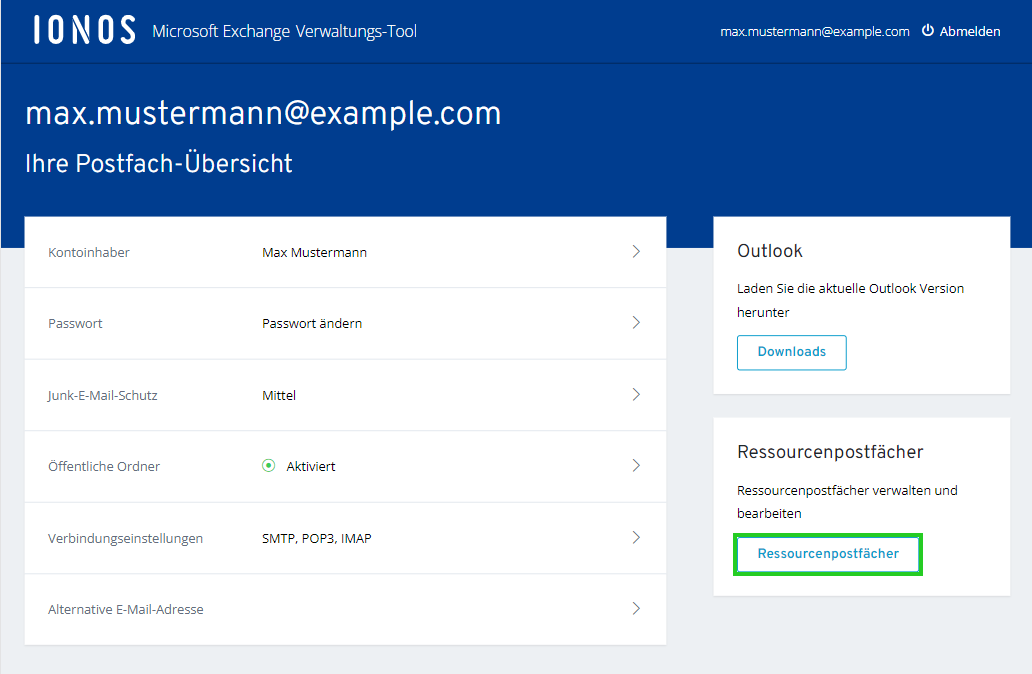 Screenshot der Seite Ihre Postfach-Übersicht. Auf dieser Seite ist die Schaltfläche Ressourcenpostfächer hervorgehoben.