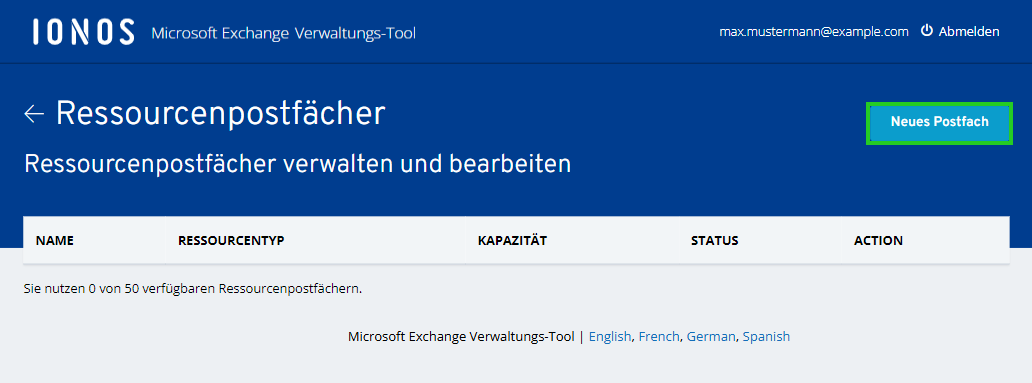 Screenshot der Seite Ihre Postfach-Übersicht. Auf dieser Seite ist die Schaltfläche Neues Postfach hervorgehoben.