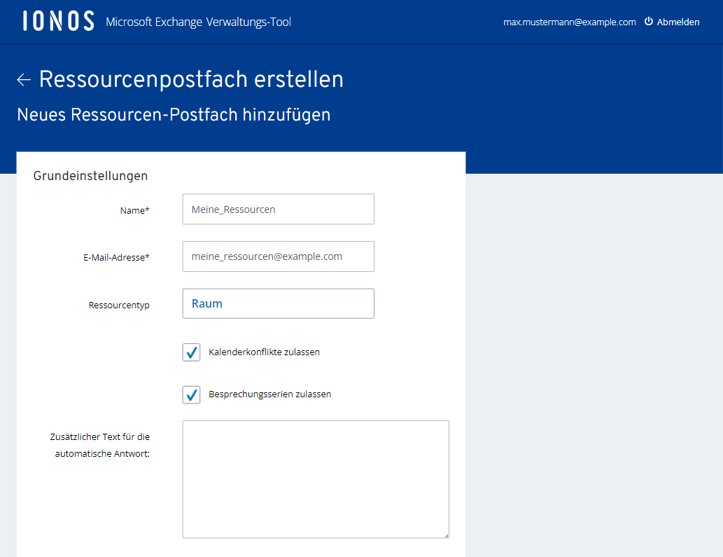 Screenshot der Seite Ihre Postfach-Übersicht. Auf dieser Seite sind die Einstellungen für die gewünschte Ressource aufgeführt.