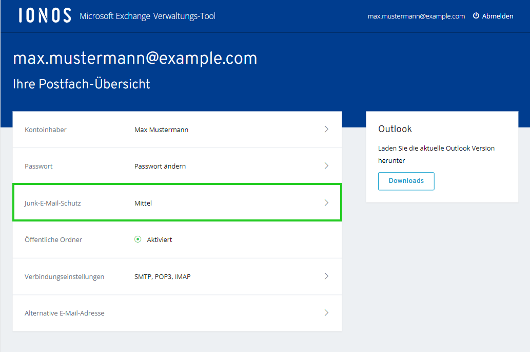 Screenshot der Seite Ihre Postfach-Übersicht. Auf dieser Seite ist der Menüpunkt Junk-E-Mail-Schutz hervorgehoben.
