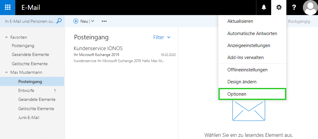 Screenshot: Die Einstellungen von Outlook werden angezeigt. In den Einstellungen ist der Menüpunkt Optionen hervorgehoben.