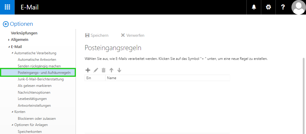 Screenshot: Der Bereich E-Mail > Posteingangs- und Aufräumregeln wird in den Optionen der Outlook Web App angezeigt. Der Menüpunkt Posteingangs- und Aufräumregeln ist hervorgehoben.