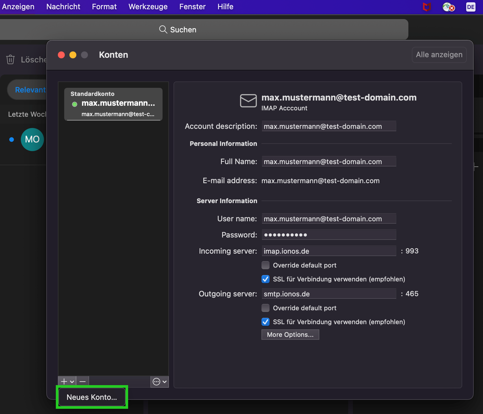 Screenshot: Das Fenster Konten wird angezeigt. In diesem Fenster ist unten die Schaltfläche Neues Konto... hervorgehoben.