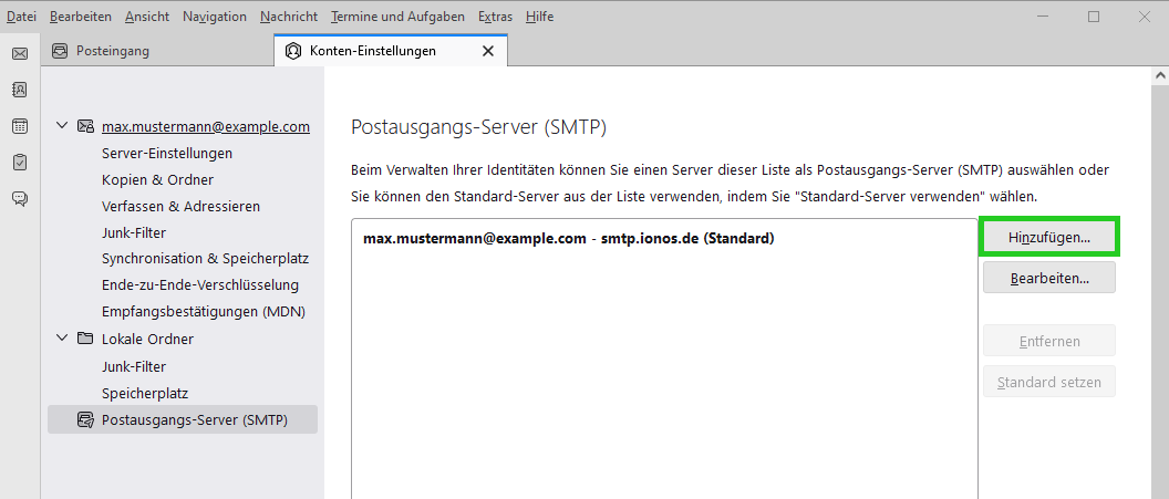 Screenshot: Der Tab Konten-Einstellungen wird angezeigt. In diesem Tab ist das Feld Postausgangs-Server (SMTP) hervorgehoben.