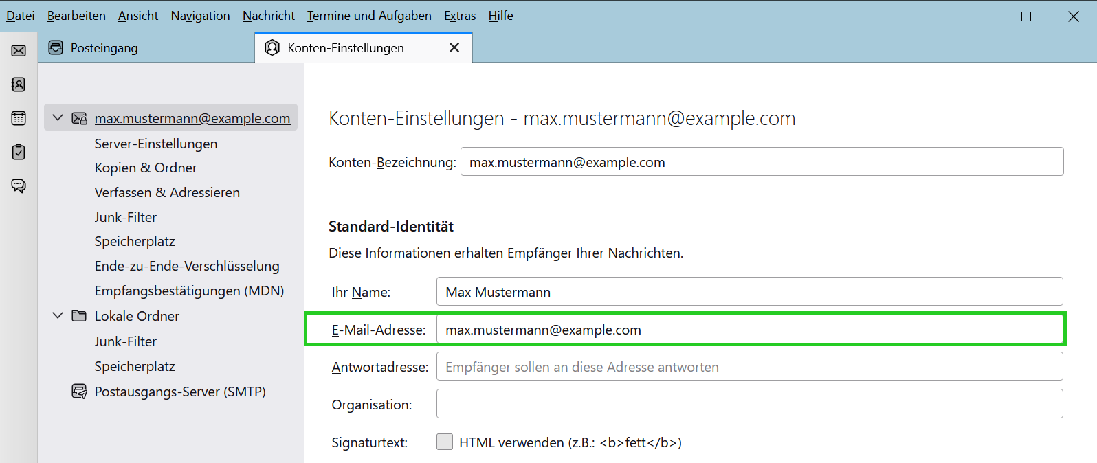 Screenshot: Der Tab Konten-Einstellungen wird angezeigt. In diesem Tab ist im Bereich Standard-Identität das Feld E-Mail-Adresse hervorgehoben.