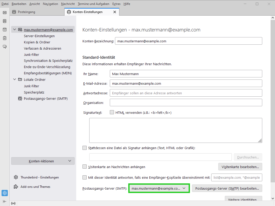 Screenshot: Der Tab Konten-Einstellungen wird angezeigt. In diesem Tab ist das Feld Postausgangs-Server (SMTP) hervorgehoben.