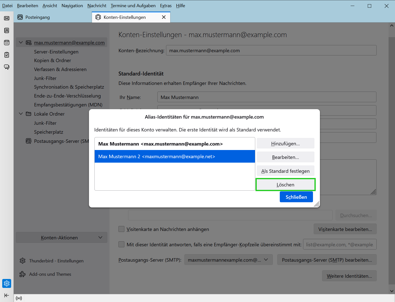 Screenshot: Das Fenster Alias-Identitäten für [E-MAIL-ADRESSE] wird angezeigt. In diesem Fenster ist die Schaltfläche Weitere Identitäten… hervorgehoben.