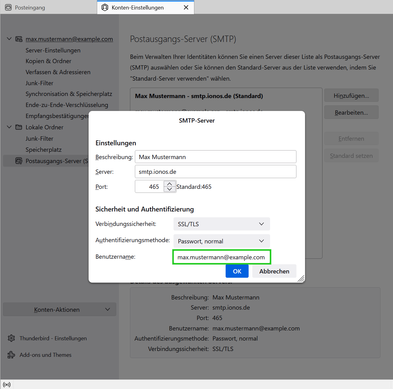 Screenshot: Das Fenster SMTP-Server wird angezeigt. In diesem Fenster ist das Feld Benutzername hervorgehoben.